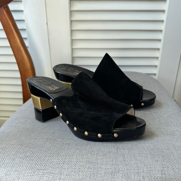 Ferragamo Vintage Black Suede Gold Stud Clog Heel Sandal 10 - Picture 1 of 8